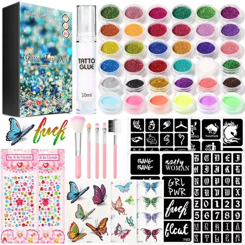 DIY Temporary Glitter Tattoos Kit for Kids 24 Glitter Colors Stencil Stickers Temporary Tattoo Toys