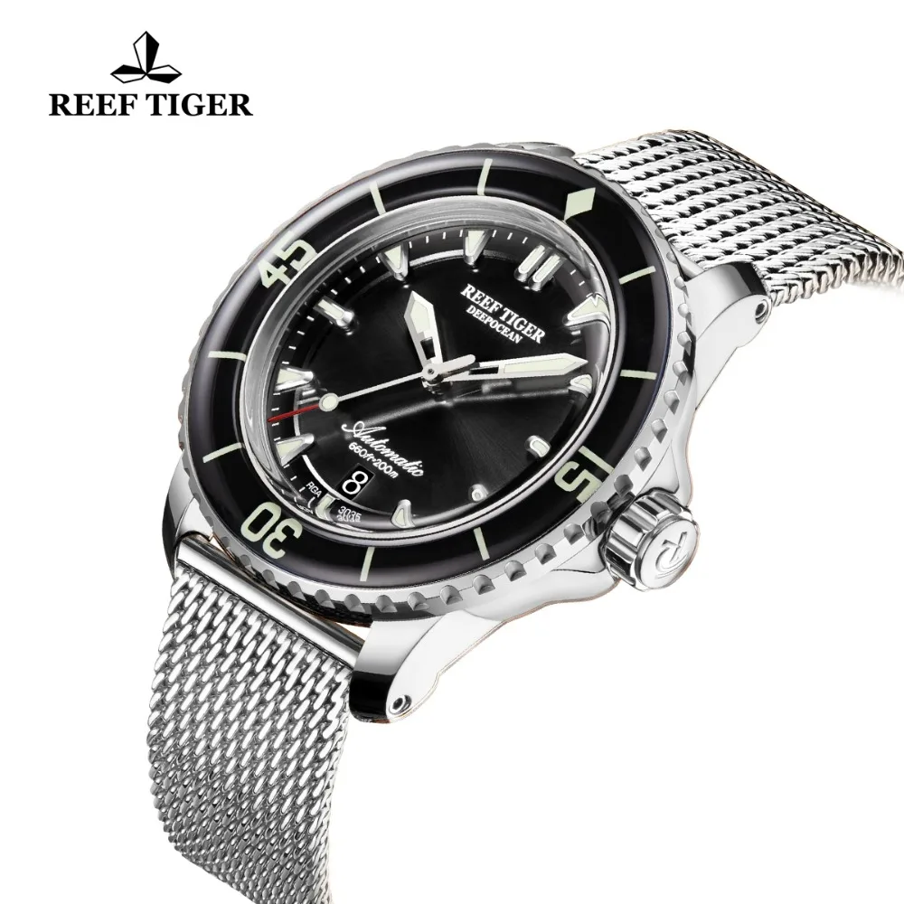 
Reef Tiger Top Brand Mens Mechanical Dive Watches Sapphire Crystal Bracelet Watches Blue Luminous Watch Waterproof RGA3035 