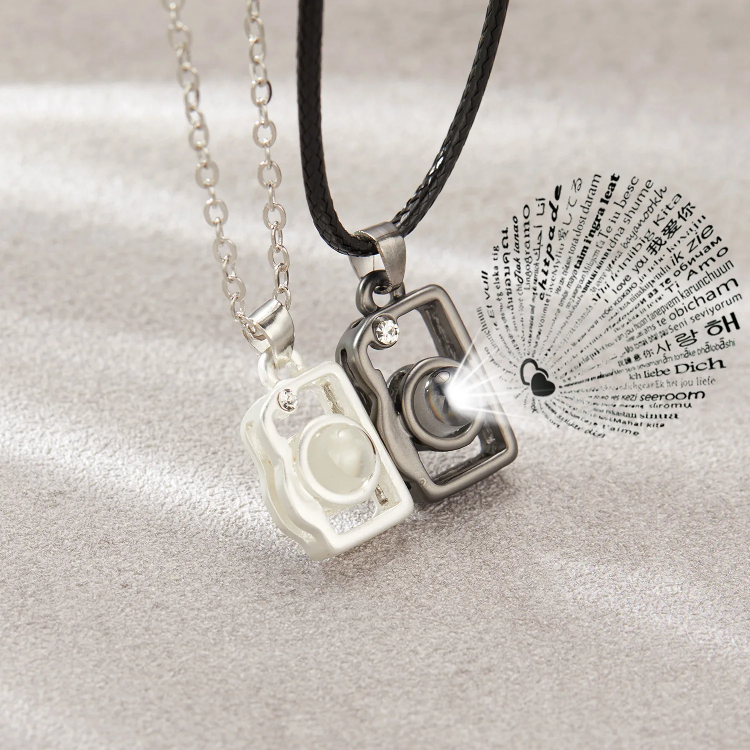 Magnetic Matching Necklace for Couples - Projection 100 Languages I Love You Pendant Moon and Sun Heart to Heart Necklace