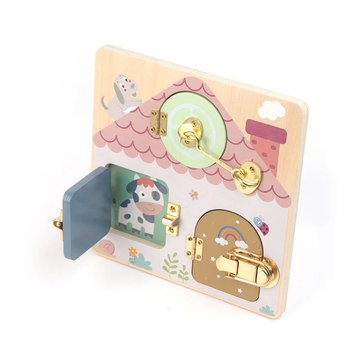 Montessori learning wooden board game busy house wooden sensory busy board with lock