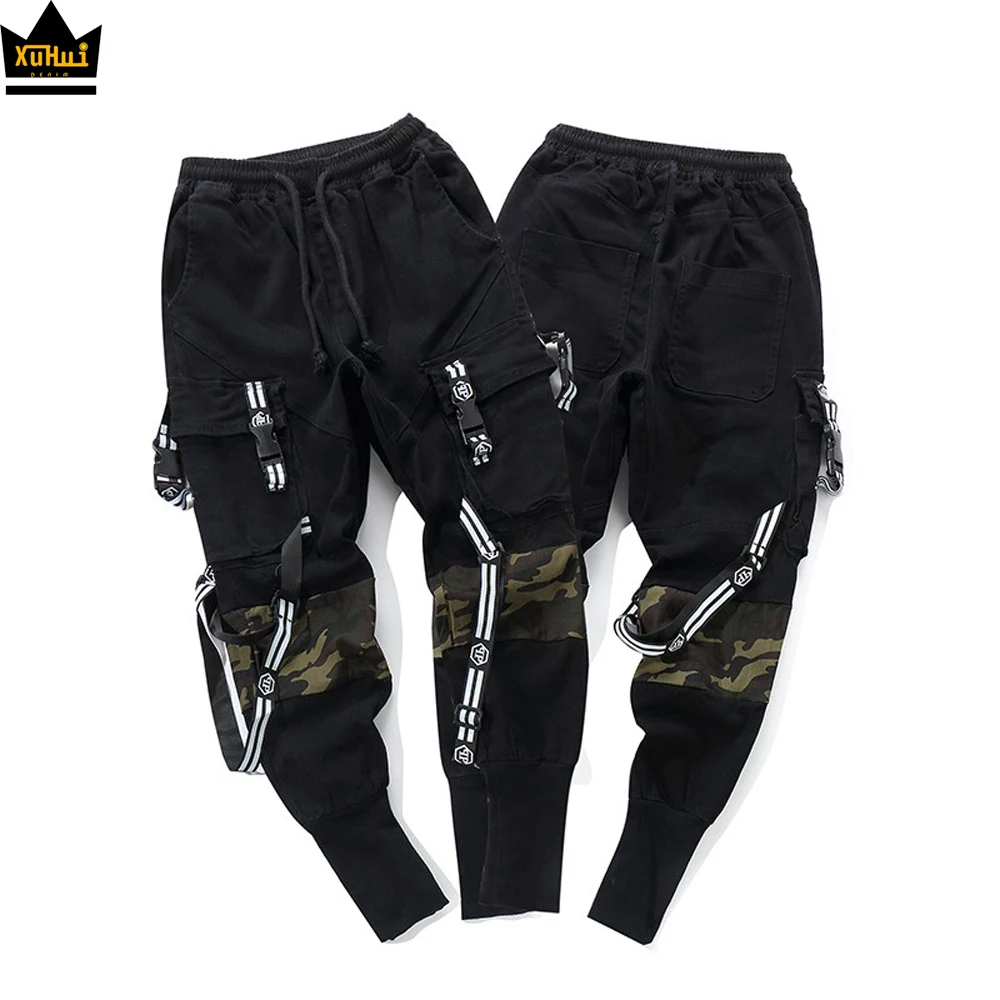 Mens custom military cargo pants printed camouflage patchwork with straps casual streetwear tapered cargo army black sweat pants