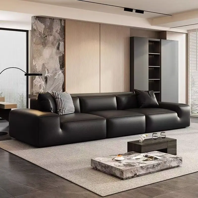 Black cow leather sofa living room Italian minimalist layer cowhide black tofu block all real leather sofa