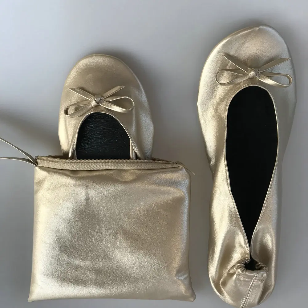 Hot Selling popular women champaign gold folding ballerina flats after party shoes in bags
