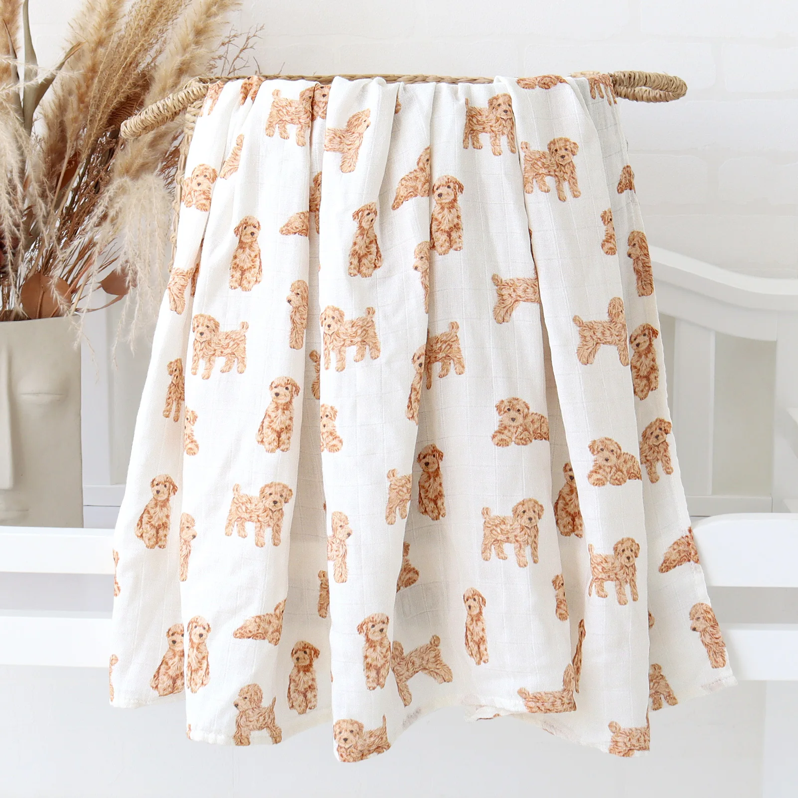 Lifetree New Arrival  Teddy dog Bamboo Muslin Swaddle poodle 2 layers swaddle Blanket Wholesale Organic Cotton Receiving Blanket