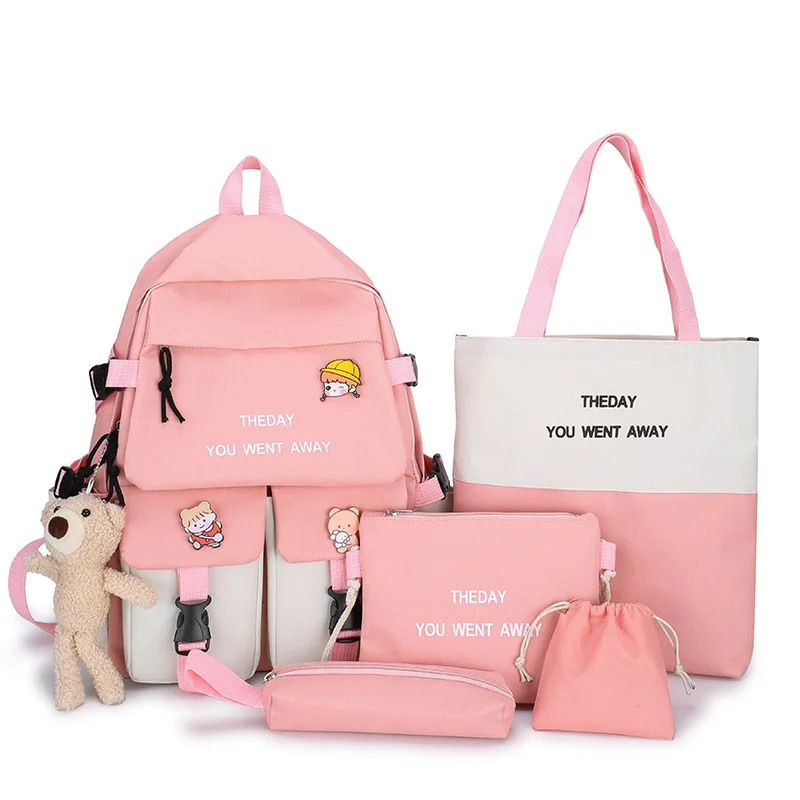 New five-piece schoolbag Korean version ins color matching middle school student schoolbag fashion letter student backpack