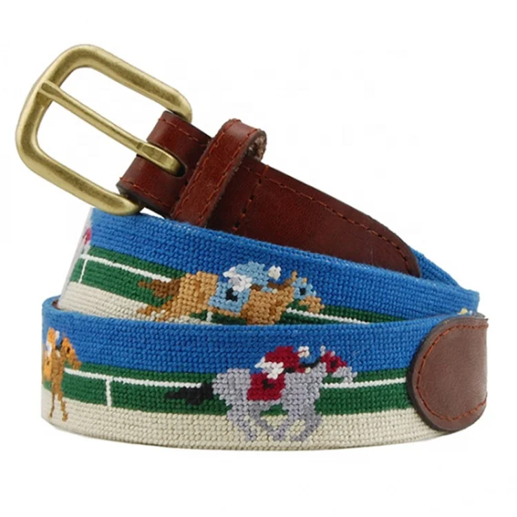 Horse riding navy blue needlepoint genuine leather belt