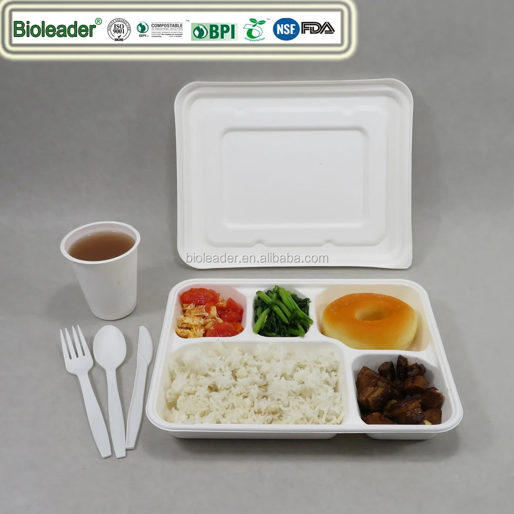 Biodegraded Disposable Sugarcane Bagasse 5 Compartment Food Tray