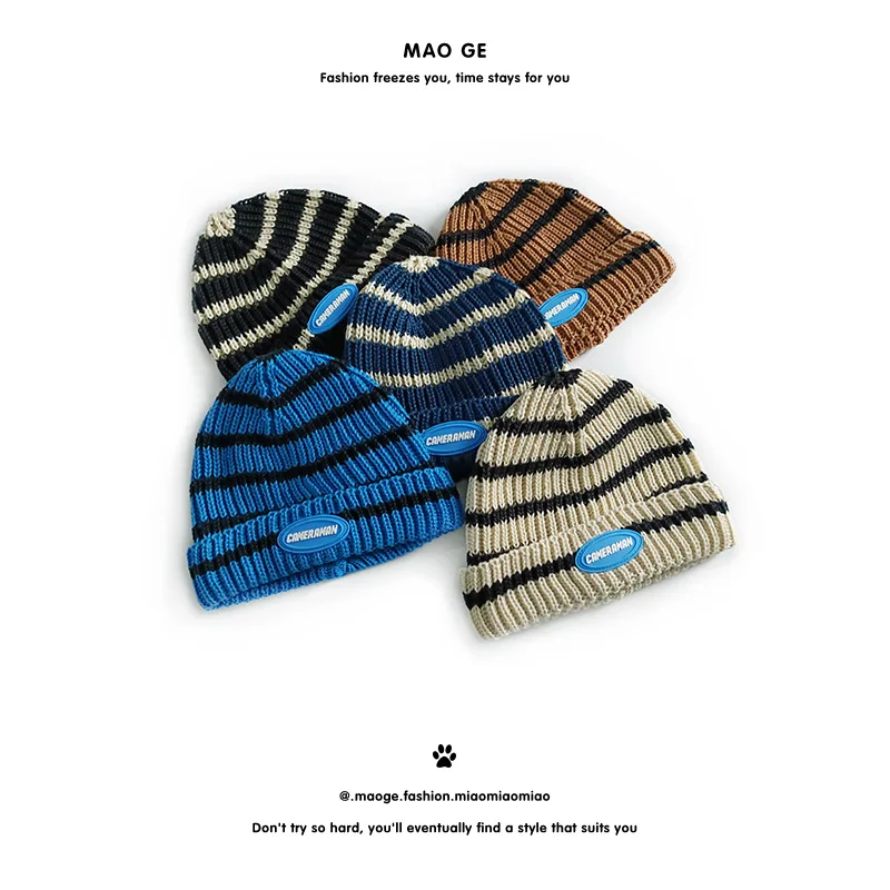 Cat brother children striped hat new knitting belt blue label colored pullover dome casual fashion street wool hat
