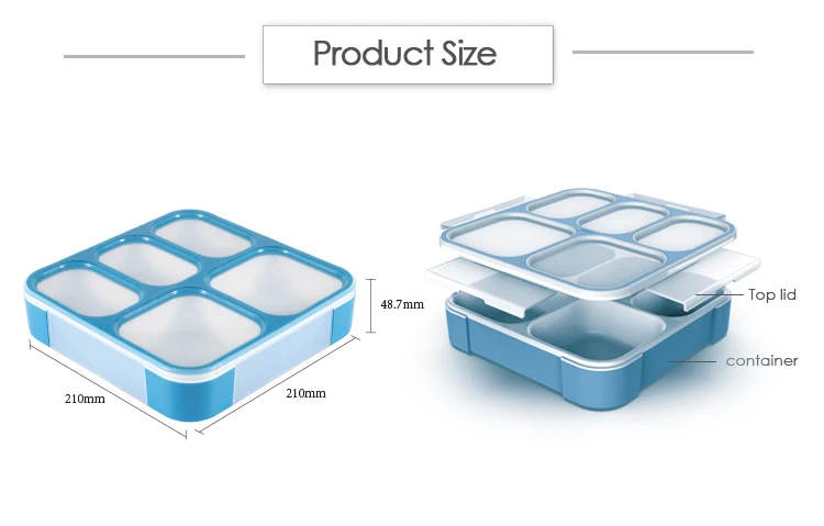 Eco friendly 5 compartments food grade PP BPA free square leakproof take away food packaging lunch box for adults