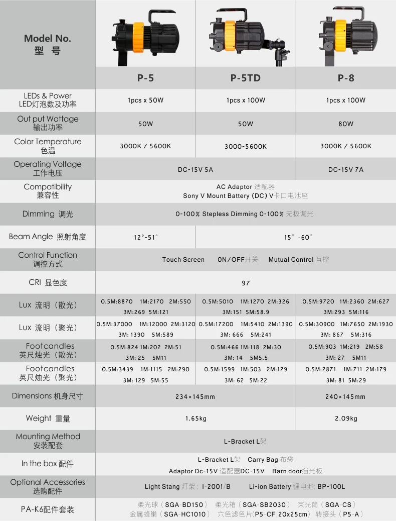  Falcon Eyes 100W Pulsar P-5TD 3200K-5600K adjustable focus professional photography photo video studio led fresnel spot light