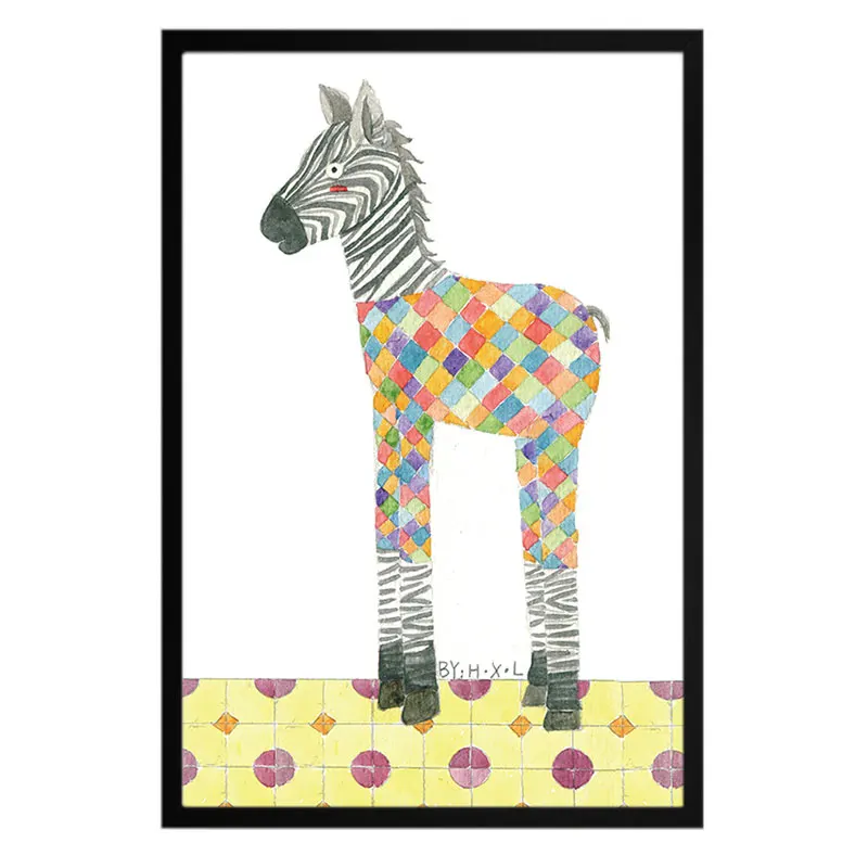 modern lovely cartoon animal oil painting for  girl kids room watercolour giraffe decorative paper and mdf frame wall art