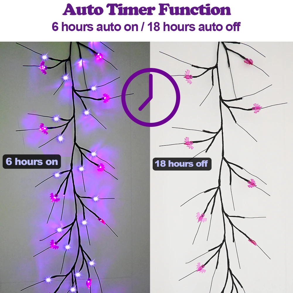 Halloween Decor Lights 6.5 Ft 54 LED Willow Vine Twig with Timer Battery Operated Vine Lights 18 LED Ghosts and 36 White Lights