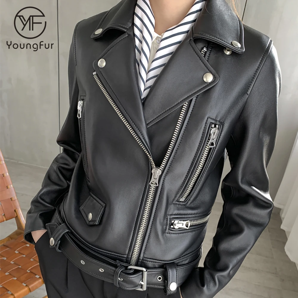 Korean Style Women Leather Jackets 100% Real Leather Motor Jacket with Zipper Sheepskin Couple Slim Style Coat