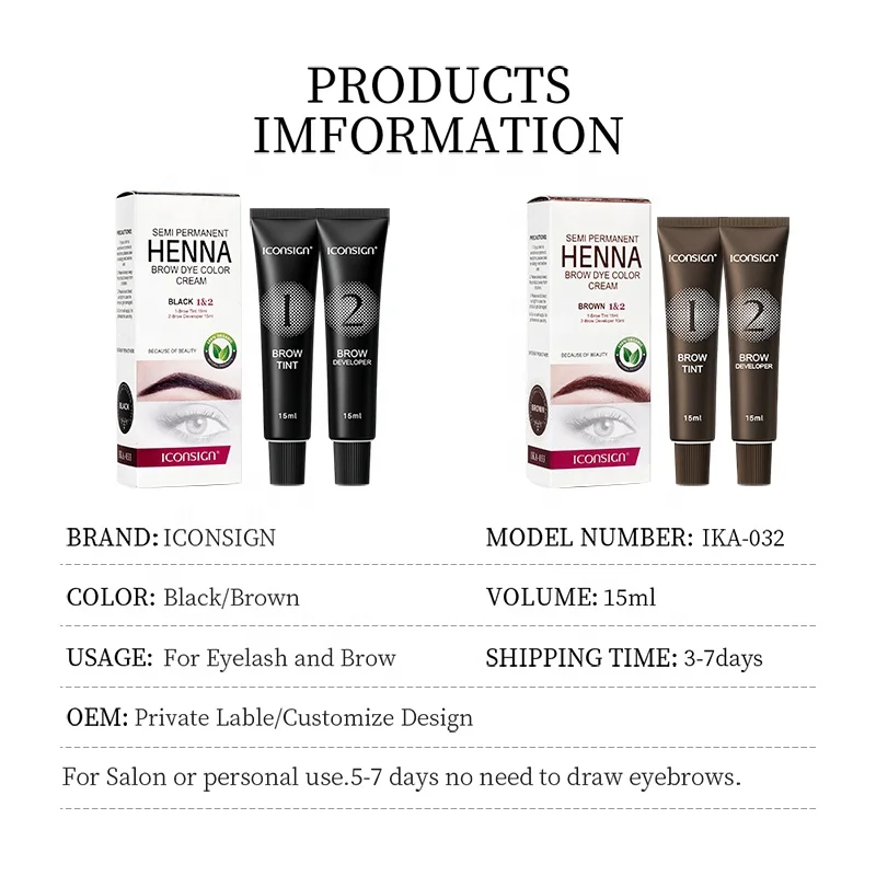 Black Brown Colors Henna Brow Kit Professional Eyebrow Semi Permanent Tint Dye Brow Skin Tint Henna Eyebrow Tint Kit Eyebrow Gel