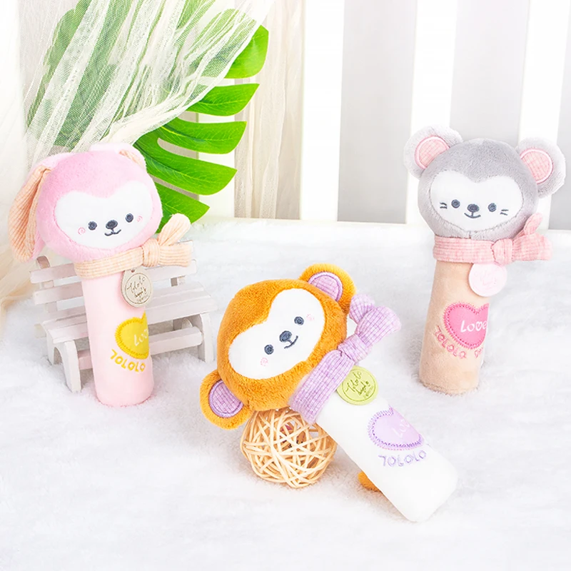 Wholesale cartoon baby animal rattle toys plush hand rattle BB stick on sale