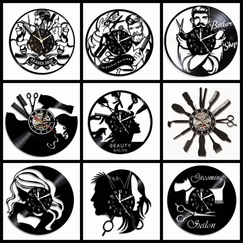 Barber Shop Wall Clock Modern Design Barbershop Hairdressing Vinyl Record Reloj Pared Hanging Clocks Salon Decor Comb Scissors