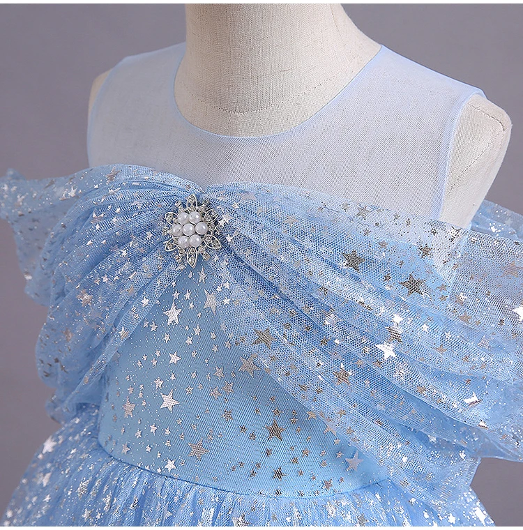 New Kids Girls New Summer Children Mesh Lace Floor Length Stars Catwalk Host Performances Fluffy Gauze Dress