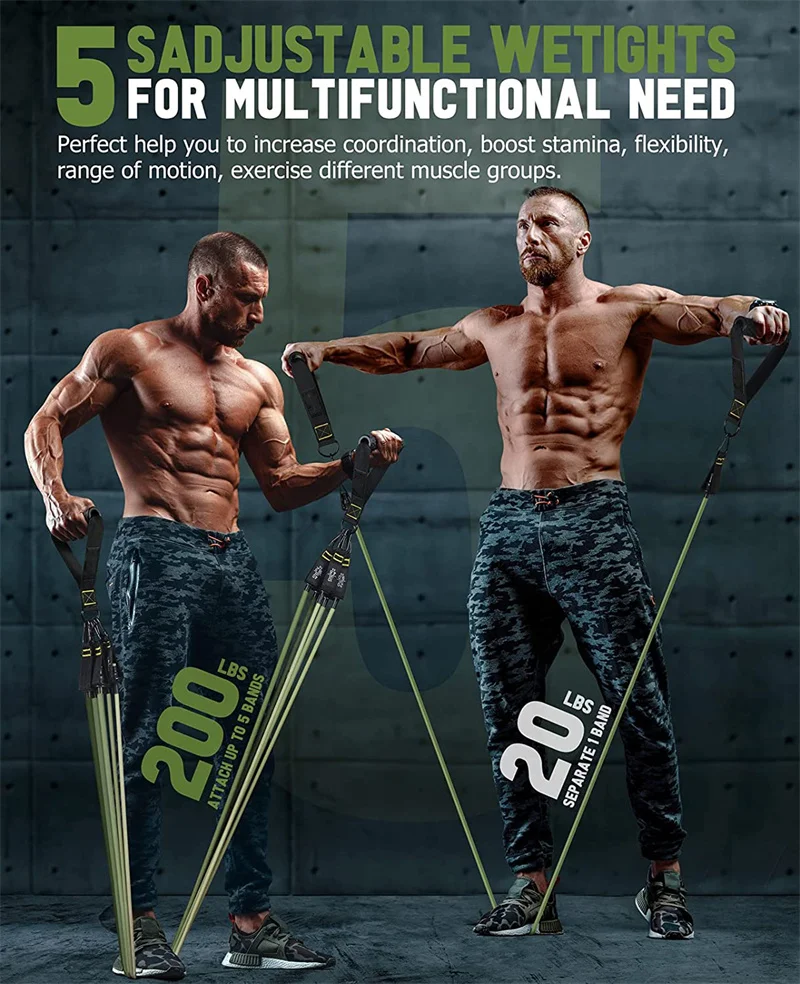 2022 new army green Heavy Duty  Resistance Band Set 150/200 LBS Workout expander 11 Pieces Pull Rope Pilates tube Suit