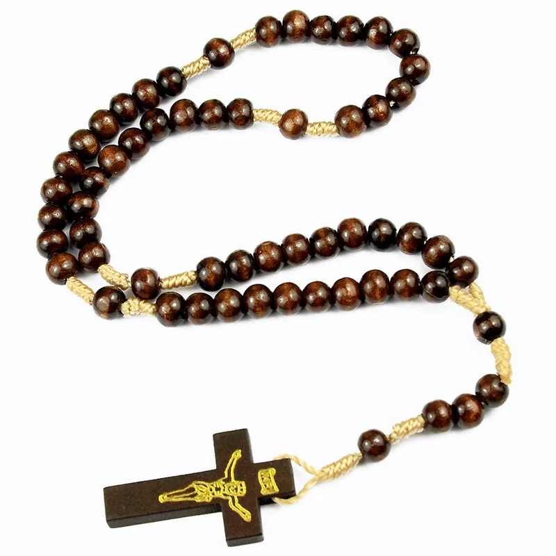 Black and Maroon Colored Wooden Beads Rosary Necklaces with Jesus Imprint Cross