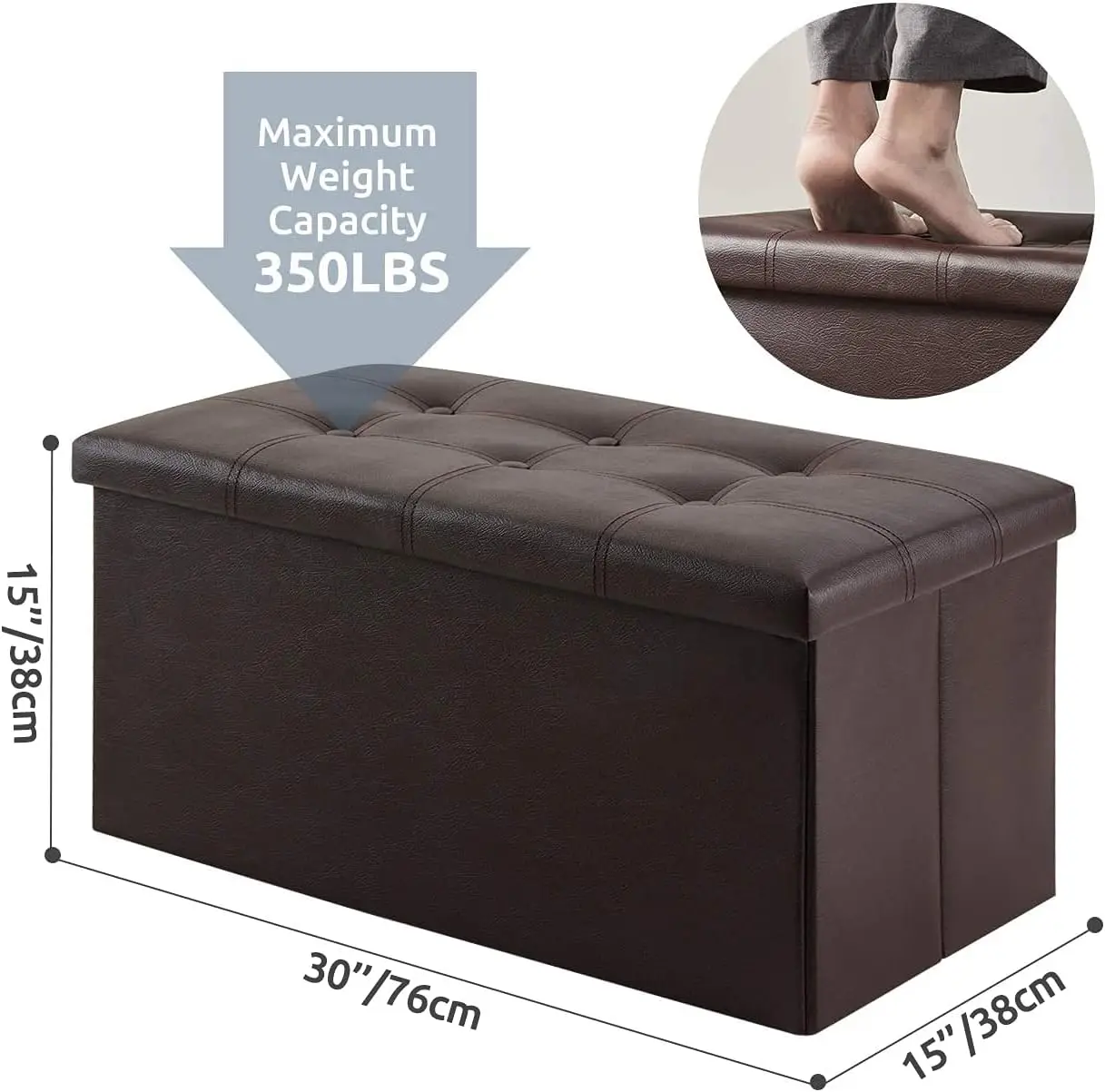 Support 350 lbs Faux Leather Brown Footrest 80L Storage Bench 30 inches Folding Storage Ottoman for Bedroom and Hallway