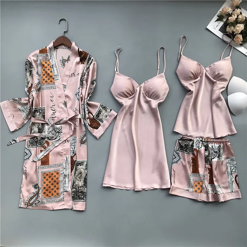 
9013 Ladies Summer Four Pieces Sexy Pink Satin Nightgown Silk Nightgown and Robe Set with Chest Pads 