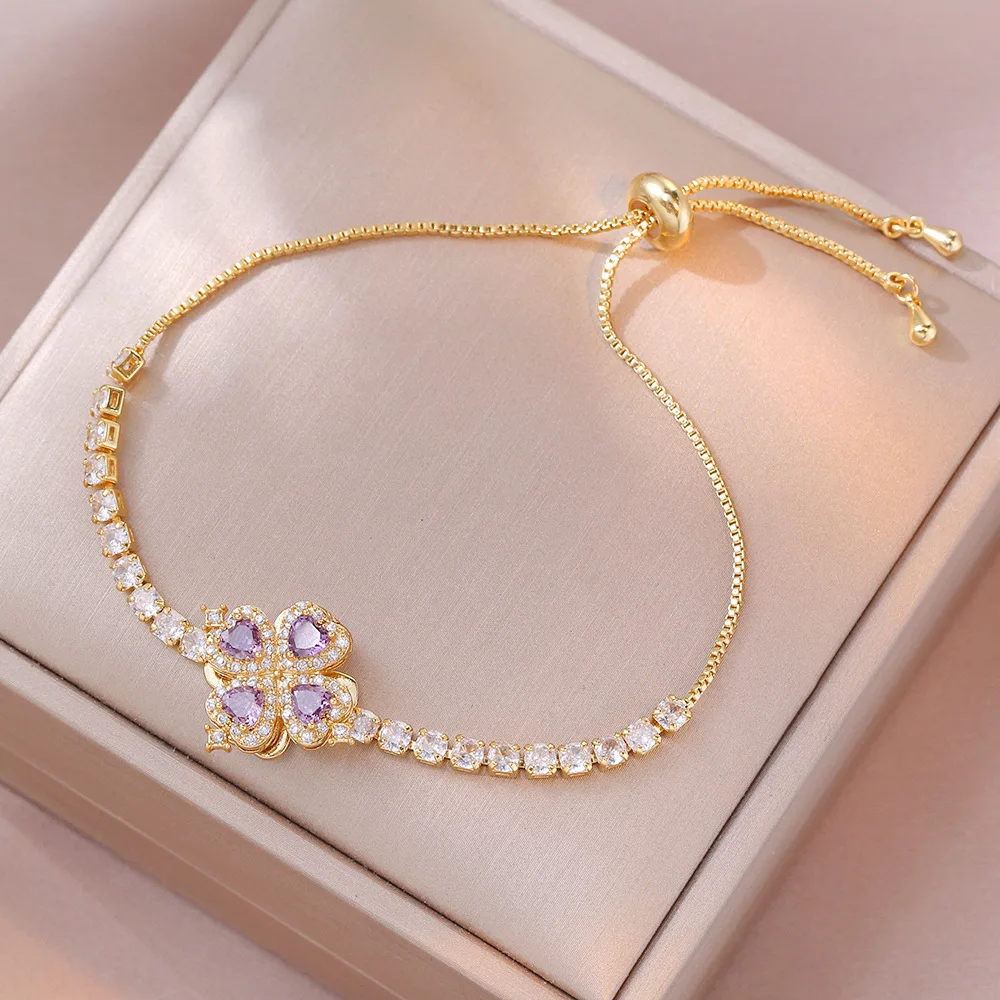 Collar De Acero Inoxidable 8K Gold Plated Stainless Steel Purple Zircon Flower Pendant Necklace Earring Bracelet Ring Jewelry