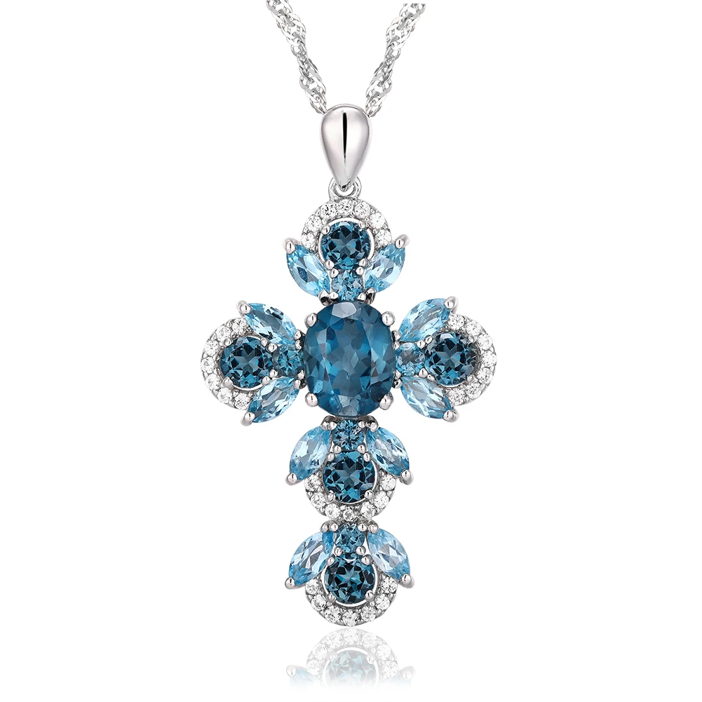 
fashion Handmade Cross Pendant jewelry natural blue Topaz gem necklace 925 sterling silver cross 