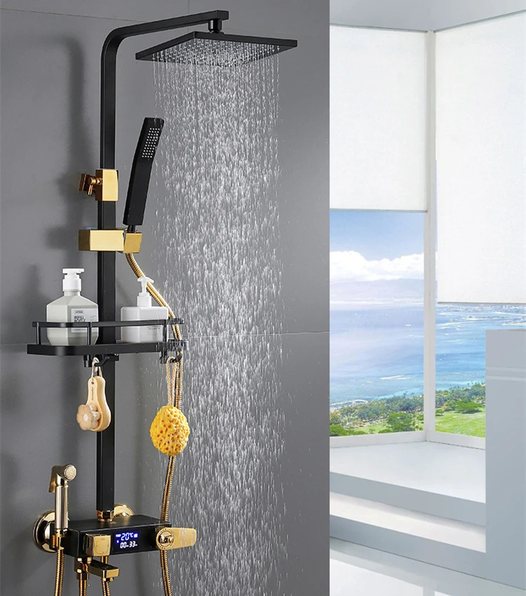 Holmine Multi Function Top Spray Wall Hanging Copper Rose Gold Shower Kit 4 Water Outlet Saving Rainfall Bathroom Shower Set