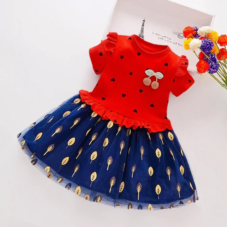 Hot selling  Patchwork knitted o neck children Skirt  Fluffy pleated tulle  baby Dress