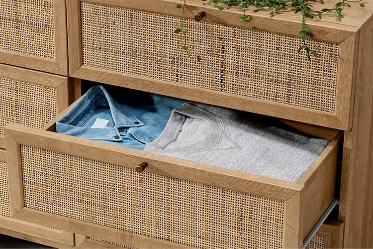 Rattan Furniture Modern Nordic Living Room TV Stand Kitchen 6 Wooden Chest Drawers Storage Cabinet