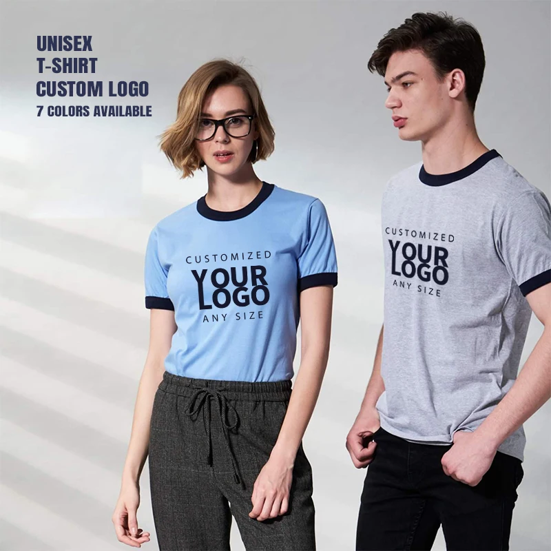 Wholesale Gym Causal Pure Cotton Sports Plain T Shirt Contrasting Color Collar Adult Crew neck Short Sleeve T-Shirt
