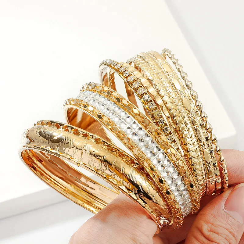 9pcs Fashion Women Jewelry Bulk Gold Plated Girls Charm Boho Diamond Bangle Bracelet Set