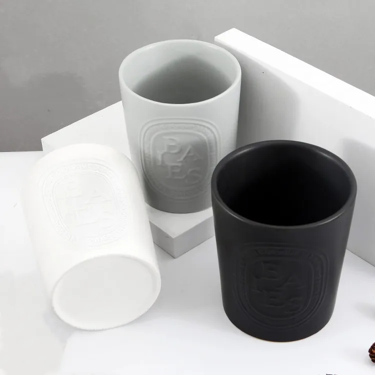 Wholesale custom matte embossed logo candle vessels container large empty ceramic candle jars for making candles