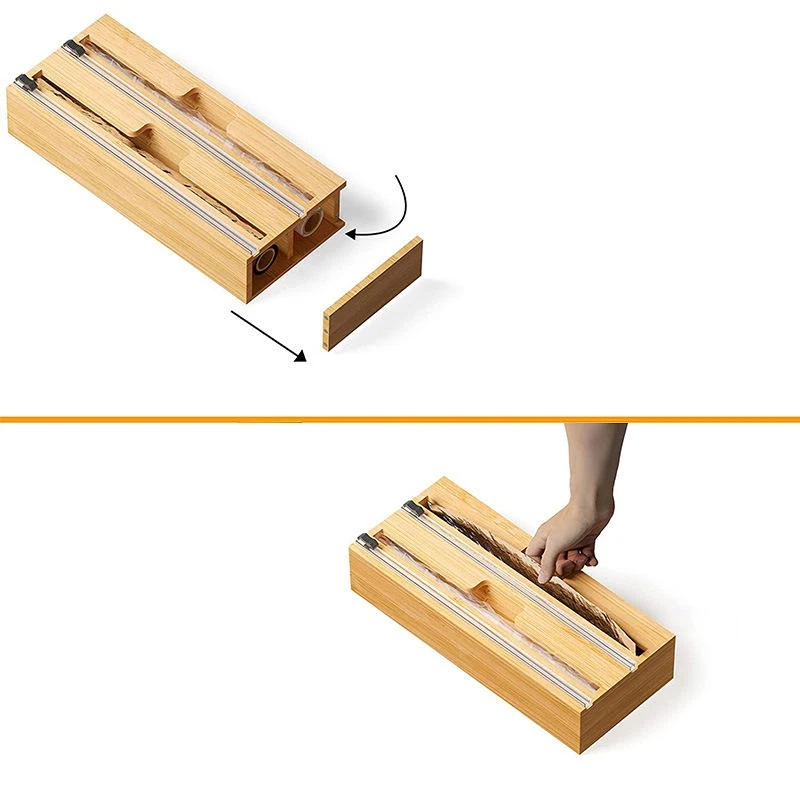 2 in 1 Bamboo Wood Aluminum Foil Kitchen Roll Organizer Holder and Paper Plastic Wrap Dispenser Storage With Zipper Cutter