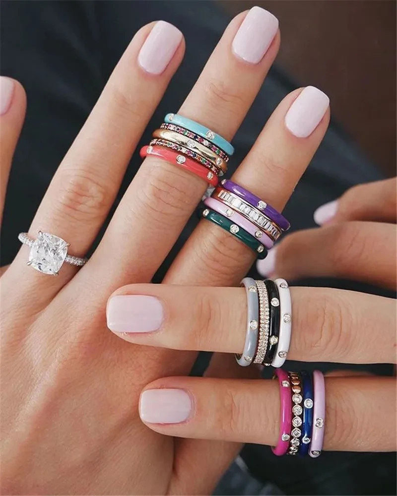 Simple Style Diamond Colorful Enamel Ring Paved With Shiny Cubic Zircon Stone Engage Ring