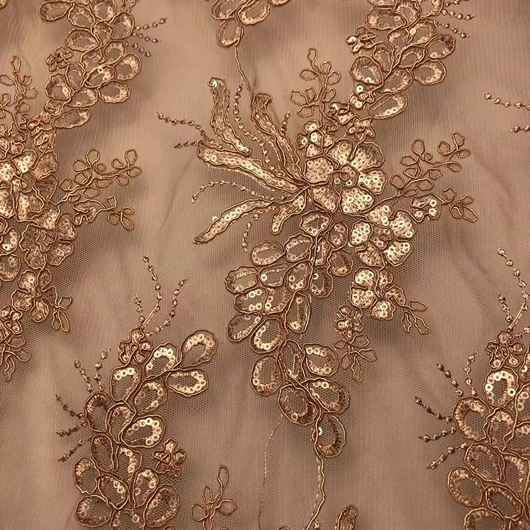 High end 3D mesh sequin embroidery fabric for wedding dress, 100% polyester embroidery fabric/