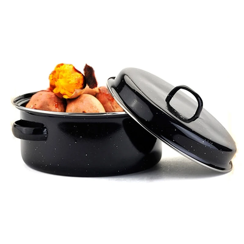 wholesale 24/26/28cm speckle Turkey  Cast Iron Cookware Barbecue Roast meat Sweet Potato pan camping enamel bake pot with lid
