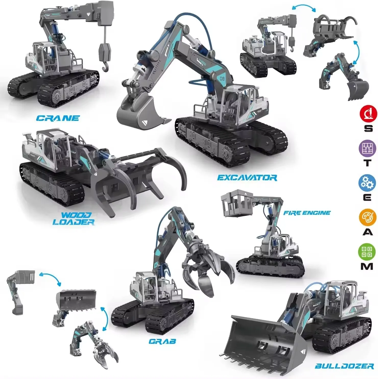 6 In 1 HydraulicToy Diy Assembly Engineering Vehicle Bulldozer Grab Machine Wood Loaders Excavators Cranes 3D Educational Toy