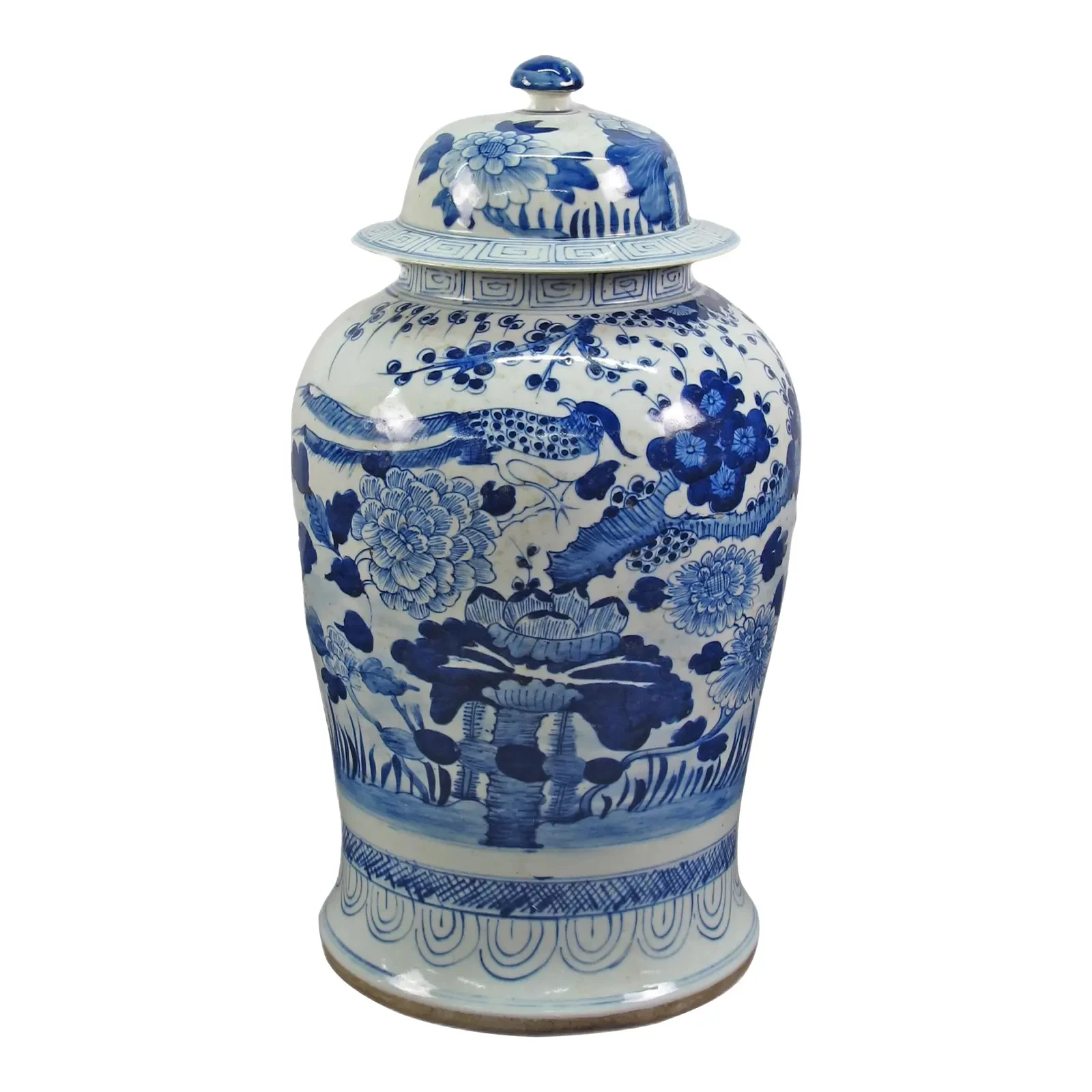 Large Chinese blue and white porcelain hand painted temple ginger jars with interlocking branch lotus pattern for home decor