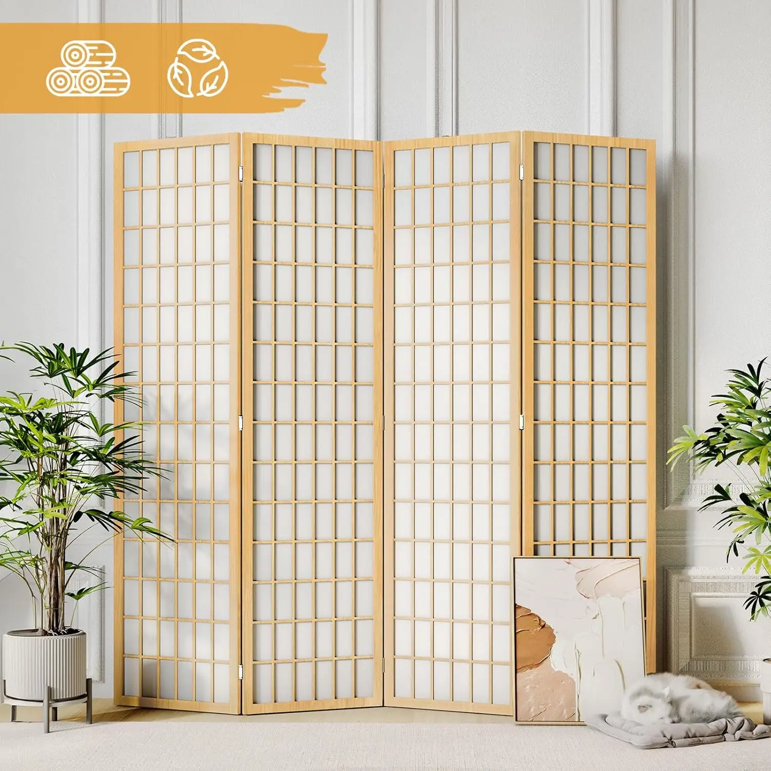 4-Panel Freestanding Retractable Room Divider with Art Deco Design Notch and Curve Privacy Screen