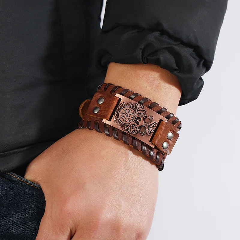 Nordic style Viking compass leather bracelet Retro punk jewelry vikings valhalla bangle for men
