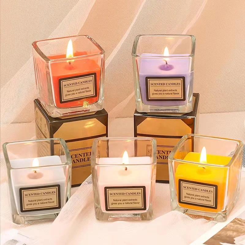 Custom Aromatic Private Label Wholesale  Square glass Jar  Soy Wax Scent Essential oil Candle