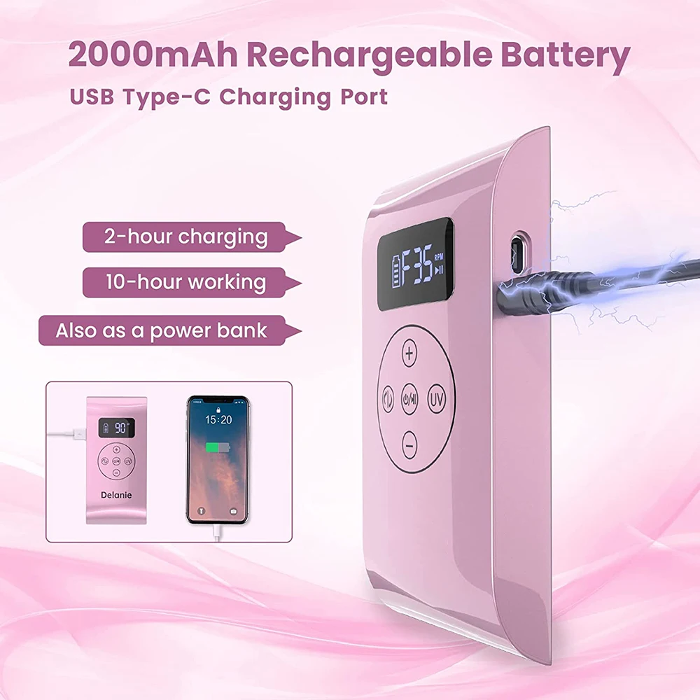 Electric charging nail polish machine rechargeable UV nail drill 35000rpm with red light UV LED Lamp