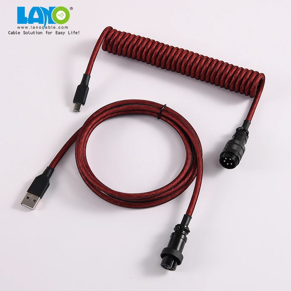 custom techflex GX16  aviator usb c coiled mechanical keyboard cable aviation spring Double sleeves type-c coil