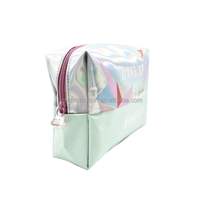 Custom Holographic Shiny Leather Zipper Cosmetic Bag PU Makeup Bag Toiletry Bag for Women
