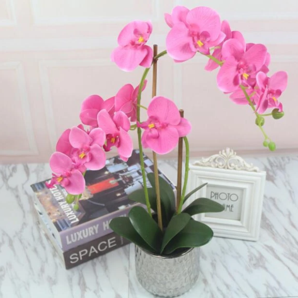 Real touch white purple phalaenpsis potted artificial silk orchid flower in pot
