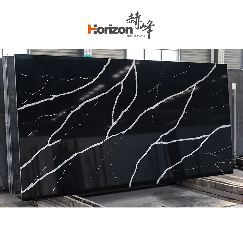 Недорогая китайская мраморная плита из искусственного камня Horizon полированный камень столешница Черного Кварца
