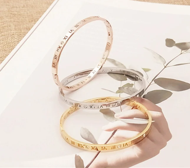 Hot sale fashion multi color rose gold plated stainless steel Rome digital women bangles