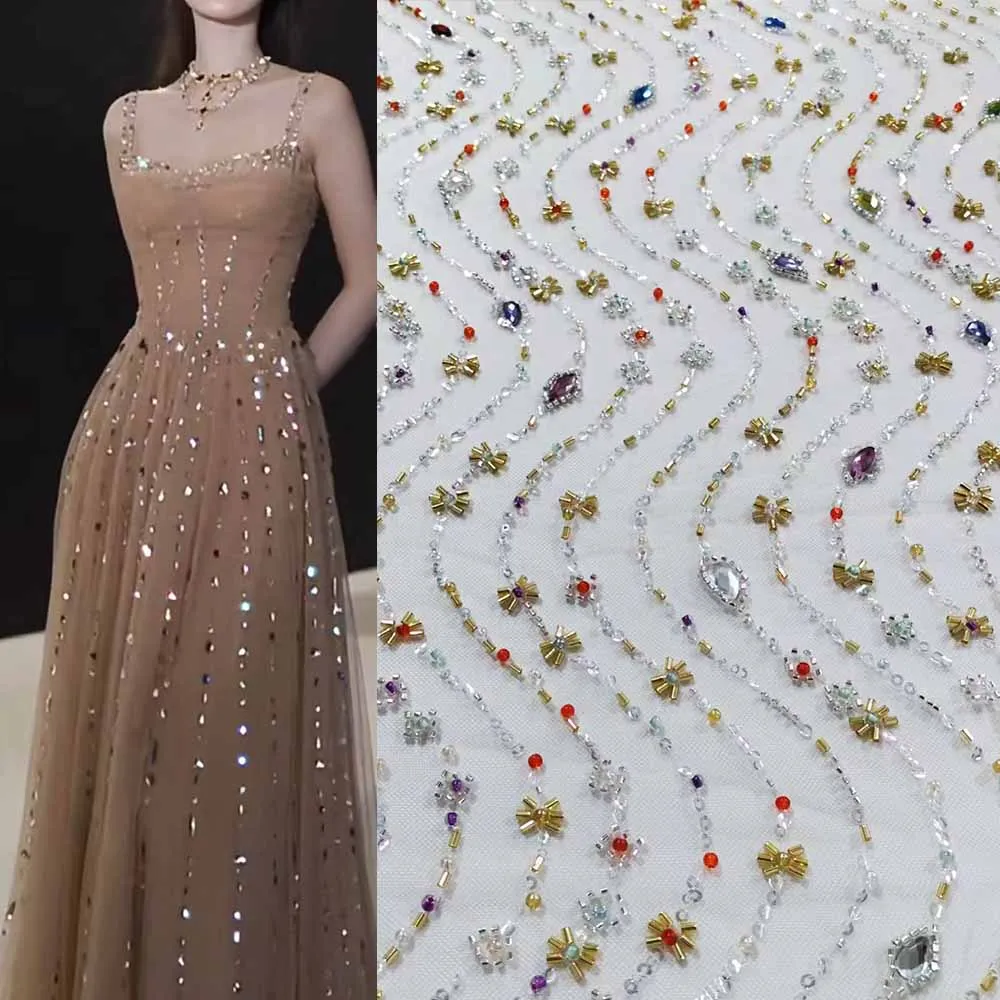 LH Rhinestone Fabrics With Shiny Stage Party  3D Crystal Stones Embroidered Fabric For Wedding Evening dress