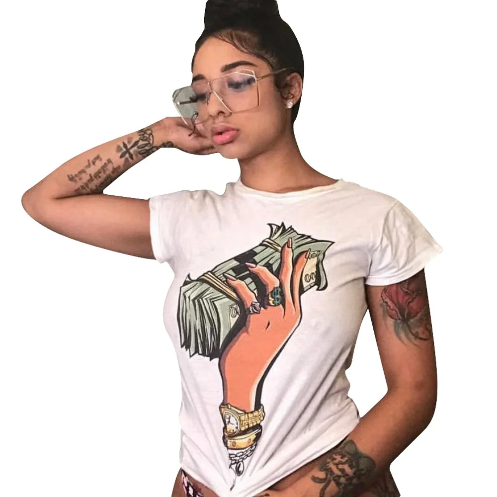 2021 Casual Plus Size Plain Crew Neck Money Printed Short Sleeve Women Girls T Shirts Cartoon Tops